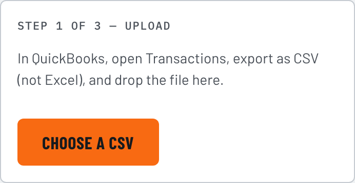 The QuickBooks Exit Kit wizard, step 1 of 3: in QuickBooks, open Transactions, export as CSV, and drop the file here.