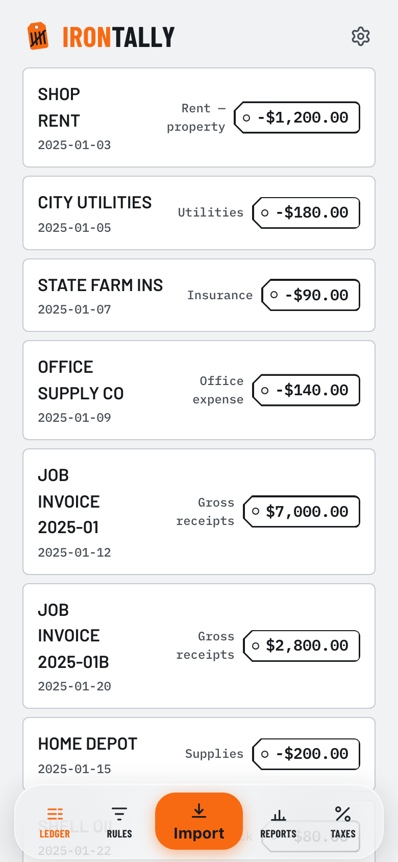 The Ledger view: money-in and money-out rows, each tagged to a plain-language Schedule C line such as Rent minus property, Utilities, Insurance and Supplies.
