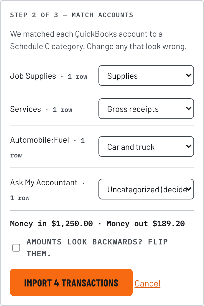 IronTally's QuickBooks Exit Kit wizard, step 2 of 3, match accounts: each QuickBooks account listed with a category dropdown, money-in and money-out totals, and a checkbox to flip the amounts.